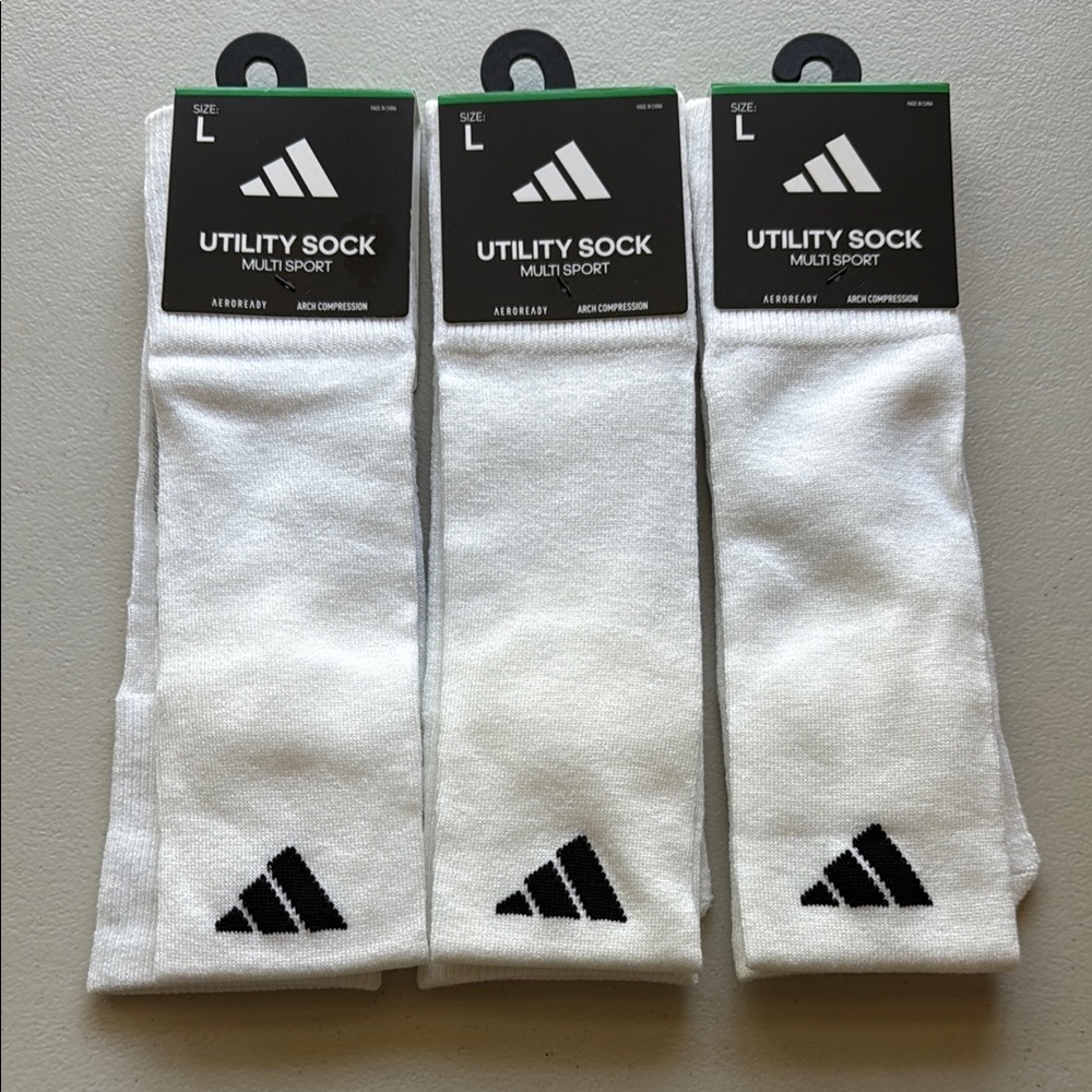 Adidas Men's White Utility Multi-Sport Crew Socks - Size L - Lot of 3 pair